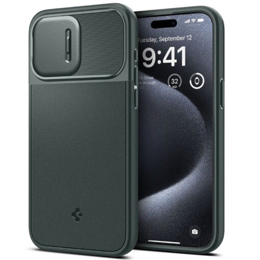 iPhone 15 PRO umbris Spigen Optik Armor Mag MagSafe plastikust taguse ja silikoonist raamiga roheline 1