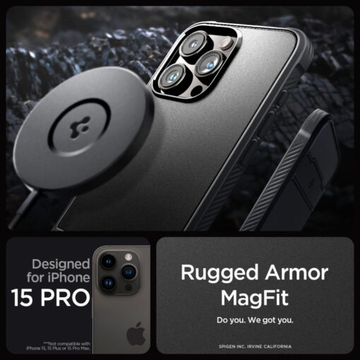iPhone 15 PRO umbris Spigen Rugged Armor Mag MagSafe plastikust taguse ja silikoonist raamiga must 10