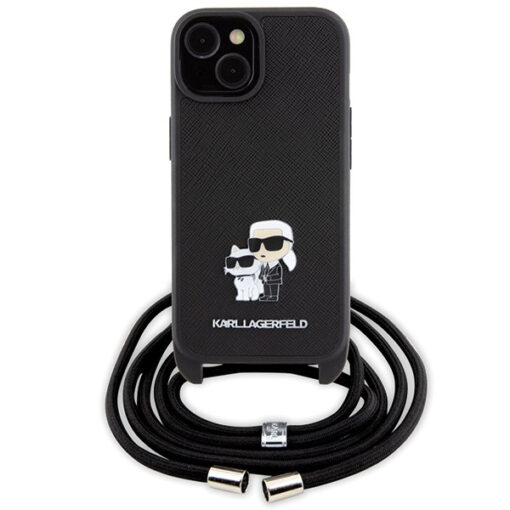 iPhone 15 umbris Karl Lagerfeld Crossbody Saffiano Metal Pin Karl Choupette silikoonist raamiga must 1