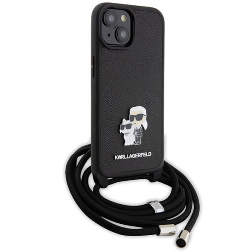 iPhone 15 umbris Karl Lagerfeld Crossbody Saffiano Metal Pin Karl Choupette silikoonist raamiga must 2