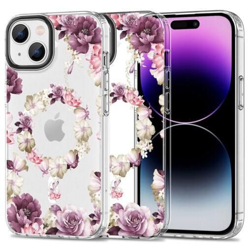 iPhone 15 umbris MagMood MagSafe plastikust taguse ja silikoonist raamiga rose floral