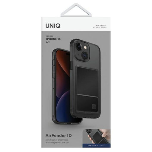 iPhone 15 umbris UNIQ Air Fender ID plastikust taguse ja silikoonist raamiga hall 1