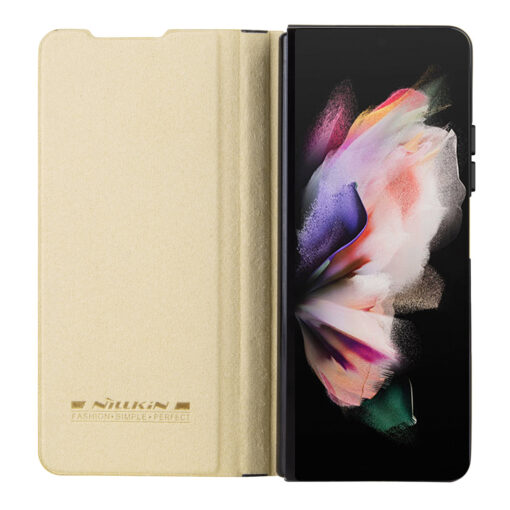 Samsung Z Fold 5 kaaned Nillkin Qin Leather Pro kunstnahast ja silikoonist raamiga kuldne 4
