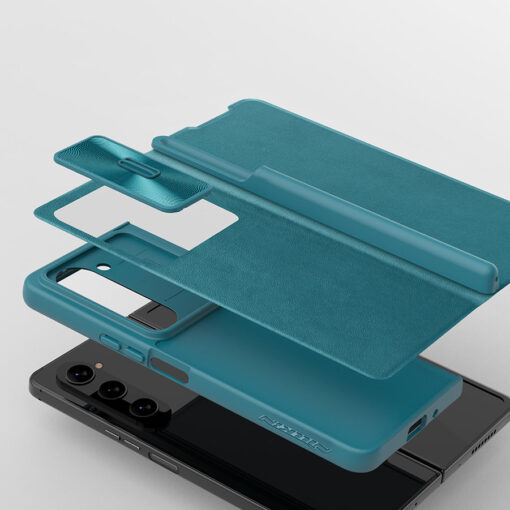 Samsung Z Fold 5 kaaned Nillkin Qin Leather Pro kunstnahast ja silikoonist raamiga pruun 13