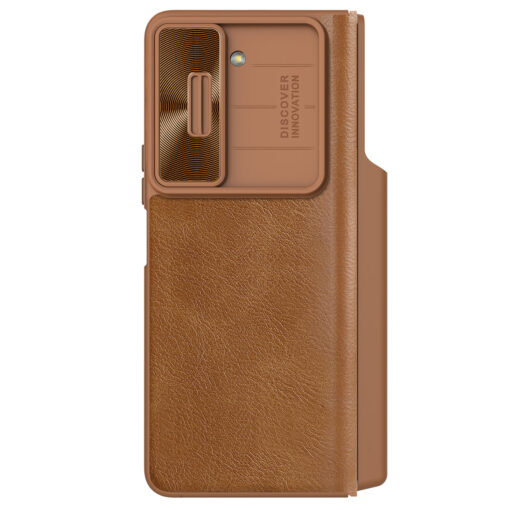 Samsung Z Fold 5 kaaned Nillkin Qin Leather Pro kunstnahast ja silikoonist raamiga pruun