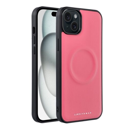 iPhone 14 PLUS umbris silikoonist raamiga ja kunstnahast tagusega Roar Mag roosa 1