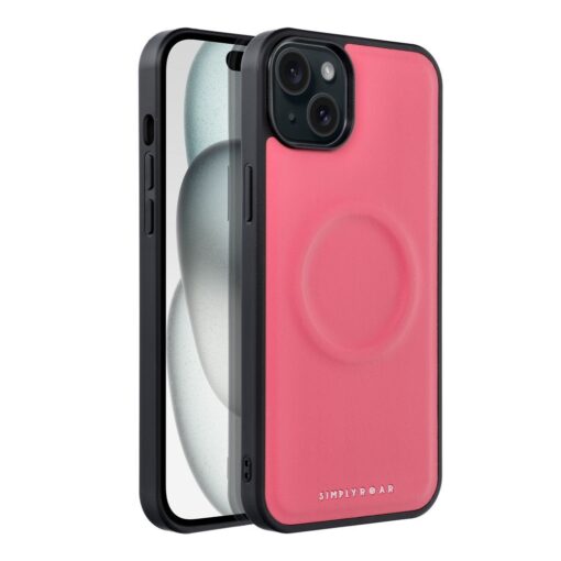 iPhone 15 PLUS umbris silikoonist raamiga ja kunstnahast tagusega Roar Mag roosa 1