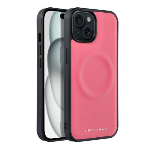 iPhone 15 umbris silikoonist raamiga ja kunstnahast tagusega Roar Mag roosa 1