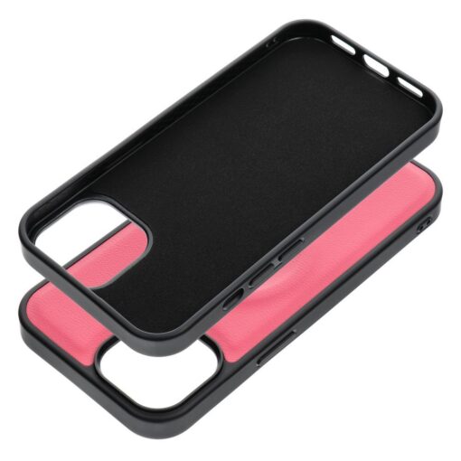 iPhone 15 umbris silikoonist raamiga ja kunstnahast tagusega Roar Mag roosa 2