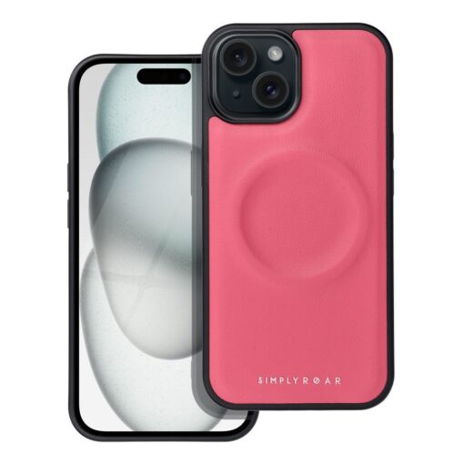 iPhone 15 umbris silikoonist raamiga ja kunstnahast tagusega Roar Mag roosa