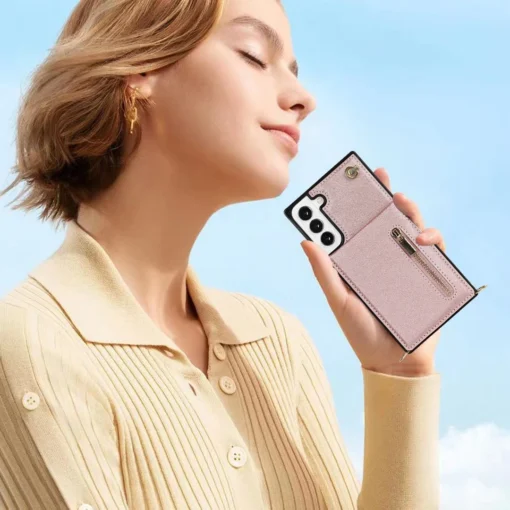 Samsung S22 umbris Cross Body kaarditaskutega silikoonist raamiga ja kunstnahast kattega Roosa Kuld 5