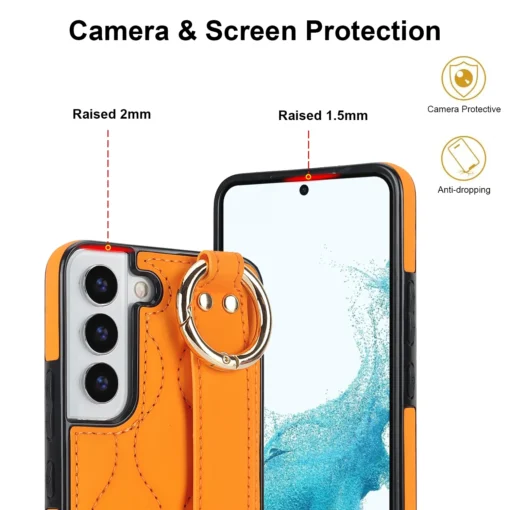 Samsung S22 umbris silikoonist raami ja kunstnahast tagusega Orange 5