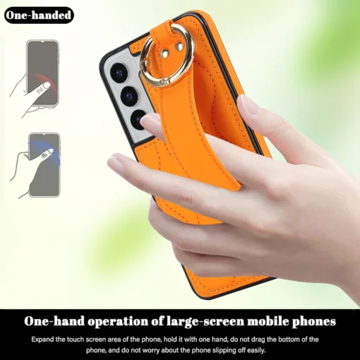 Samsung S22 umbris silikoonist raami ja kunstnahast tagusega Orange 6