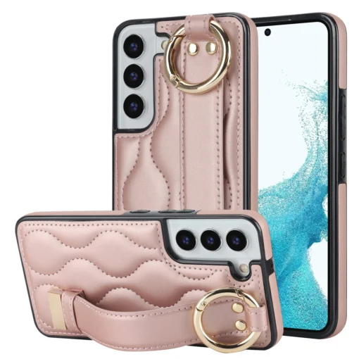 Samsung S22 umbris silikoonist raami ja kunstnahast tagusega Rose Gold