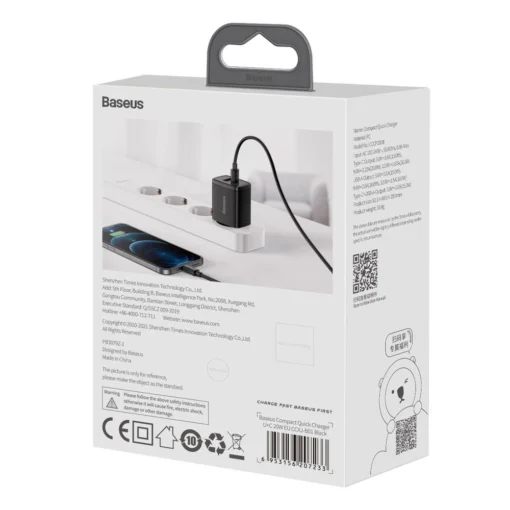Baseus Compact Seinalaadija iPhonele USB ja USB C QC 3.0 20W 3A must 9