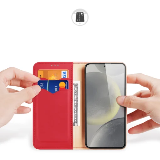Samsung S24 PLUS nahast raamatkaaned kaarditaskuga Dux Ducis Hivo RFID punane 1