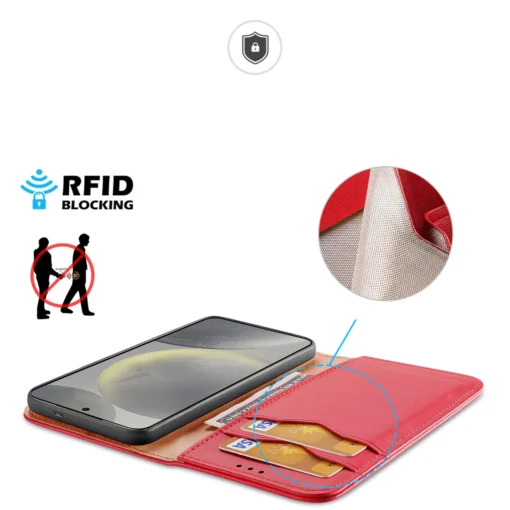 Samsung S24 PLUS nahast raamatkaaned kaarditaskuga Dux Ducis Hivo RFID punane 2