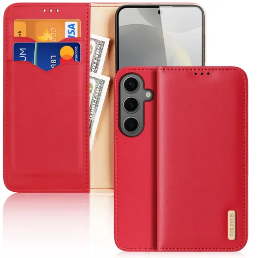 Samsung S24 PLUS nahast raamatkaaned kaarditaskuga Dux Ducis Hivo RFID punane