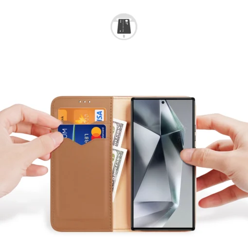 Samsung S24 ULTRA nahast raamatkaaned kaarditaskuga Dux Ducis Hivo RFID pruun 1