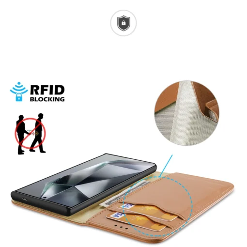 Samsung S24 ULTRA nahast raamatkaaned kaarditaskuga Dux Ducis Hivo RFID pruun 2
