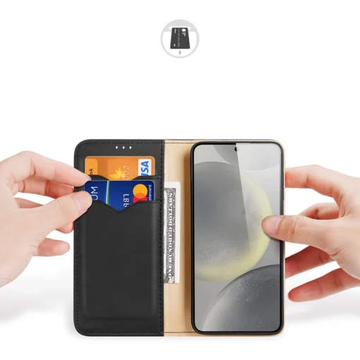Samsung S24 nahast raamatkaaned kaarditaskuga Dux Ducis Hivo RFID must 1