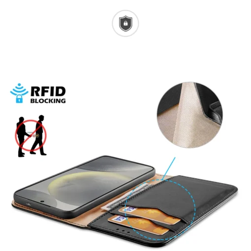 Samsung S24 nahast raamatkaaned kaarditaskuga Dux Ducis Hivo RFID must 2