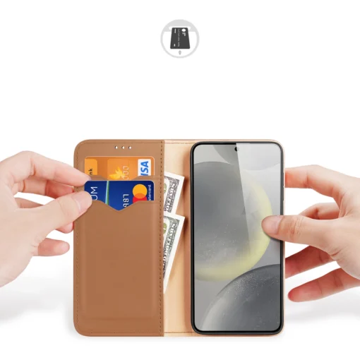 Samsung S24 nahast raamatkaaned kaarditaskuga Dux Ducis Hivo RFID pruun 1