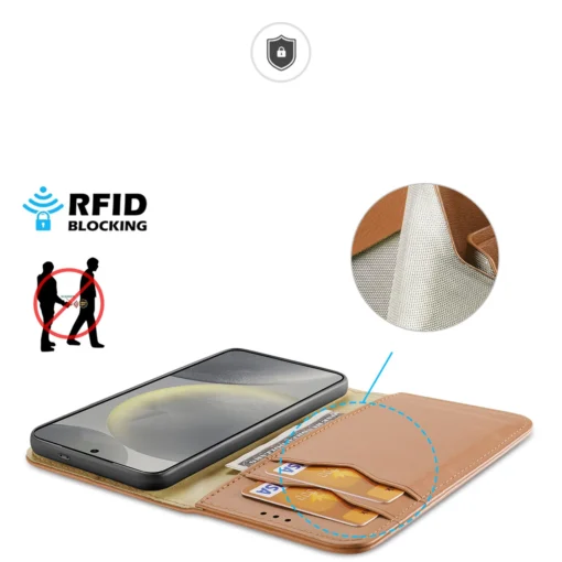 Samsung S24 nahast raamatkaaned kaarditaskuga Dux Ducis Hivo RFID pruun 2