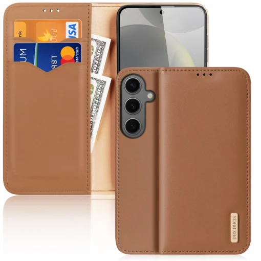 Samsung S24 nahast raamatkaaned kaarditaskuga Dux Ducis Hivo RFID pruun