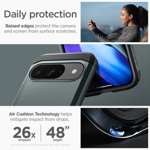 Google Pixel 9 9 Pro Spigen Tough Armor umbris silikoonist ja plastikust Abyss Green 12