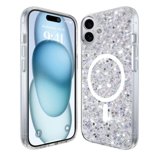 iPhone 16 PLUS umbris silikoonist Sparkly Glitter MagSafe White