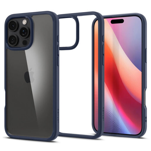 iPhone 16 PRO MAX umbris Spigen Ultra Hybrid plastikust taguse ja silikoonist raamiga navy blue