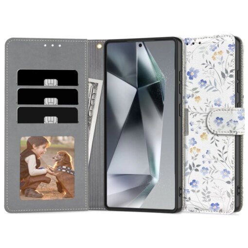 Samsung Galaxy S25 Ultra kunstnahast kaaned Wallet kevadlillede mustriga