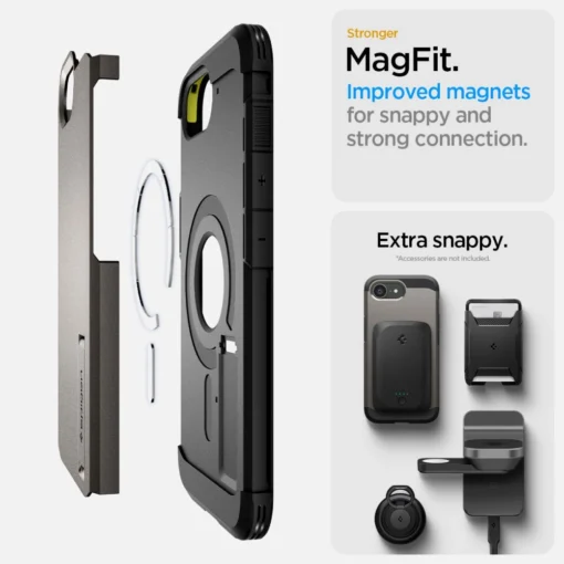 iPhone 16e umbris Spigen Tough Armor MagSafe plastikust taguse ja silikoonist raamiga hall 13