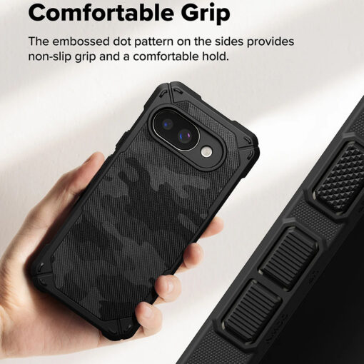 Google Pixel 9a umbris silikoonist ja plastikust Ringke Rugged Gear kamo must 3