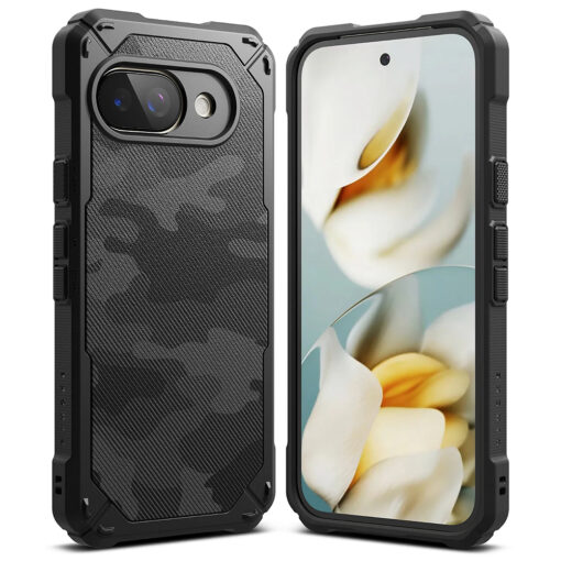 Google Pixel 9a umbris silikoonist ja plastikust Ringke Rugged Gear kamo must