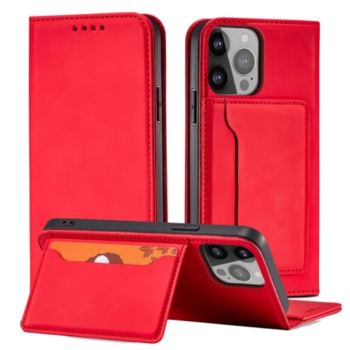 iPhone 14 kaaned kunstnahast Magnet Card Case punane 1