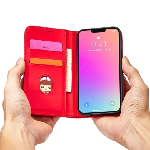iPhone 14 kaaned kunstnahast Magnet Card Case punane 10