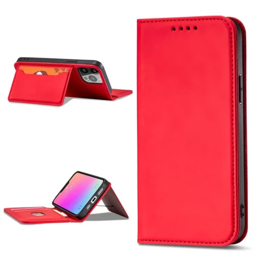 iPhone 14 kaaned kunstnahast Magnet Card Case punane 12