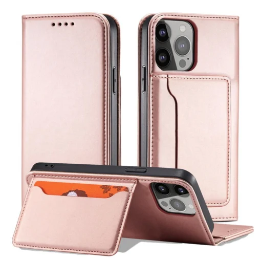iPhone 14 kaaned kunstnahast Magnet Card Case roosa 4
