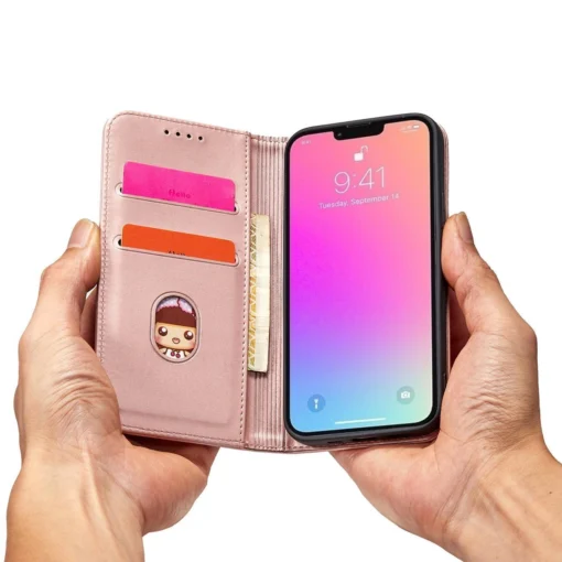 iPhone 14 kaaned kunstnahast Magnet Card Case roosa 7
