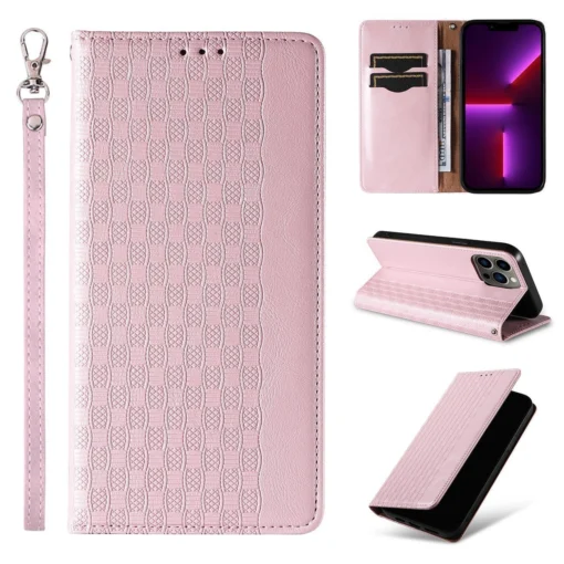 iPhone 14 kaaned kunstnahast Magnet Strap Case roosa 2