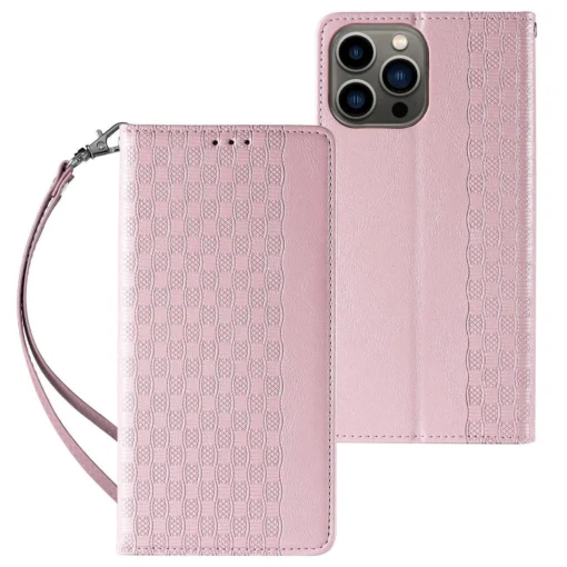 iPhone 14 kaaned kunstnahast Magnet Strap Case roosa