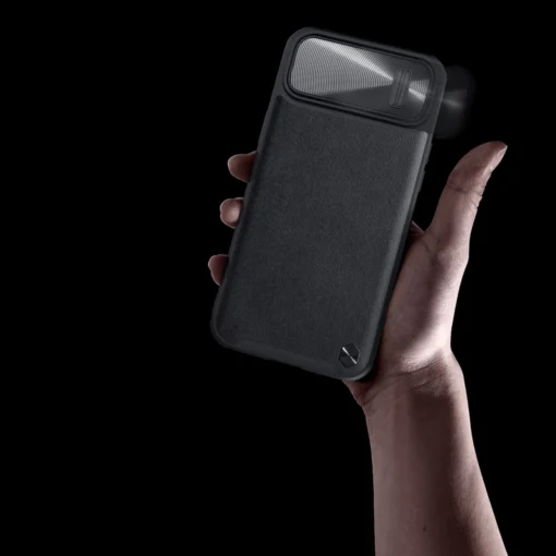 iPhone 14 umbris silikoonist ja kunstnahast tagusega Nillkin CamShield Leather S kaamerakaitsega must 10