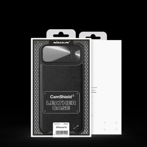 iPhone 14 umbris silikoonist ja kunstnahast tagusega Nillkin CamShield Leather S kaamerakaitsega must 4