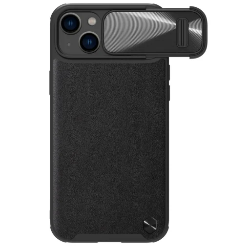 iPhone 14 umbris silikoonist ja kunstnahast tagusega Nillkin CamShield Leather S kaamerakaitsega must