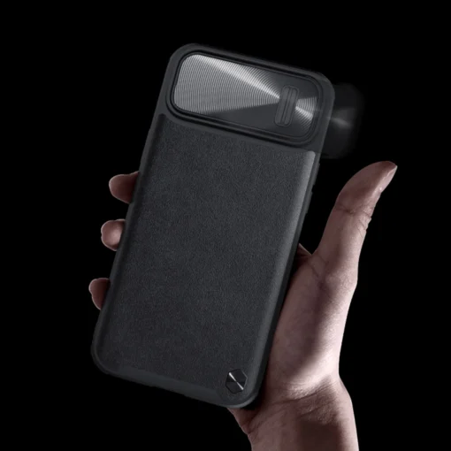 iPhone 14 umbris silikoonist ja kunstnahast tagusega Nillkin CamShield Leather S kaamerakaitsega roheline 13