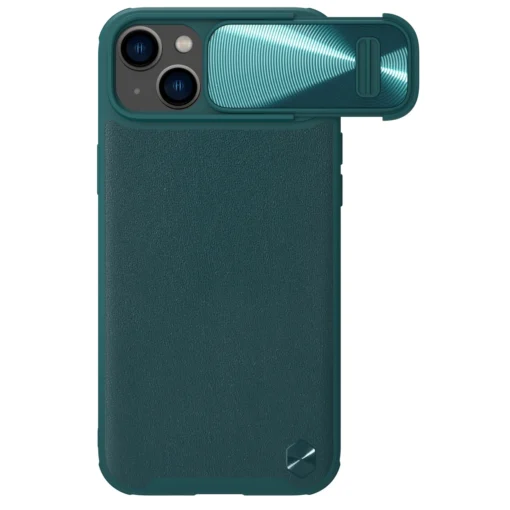 iPhone 14 umbris silikoonist ja kunstnahast tagusega Nillkin CamShield Leather S kaamerakaitsega roheline