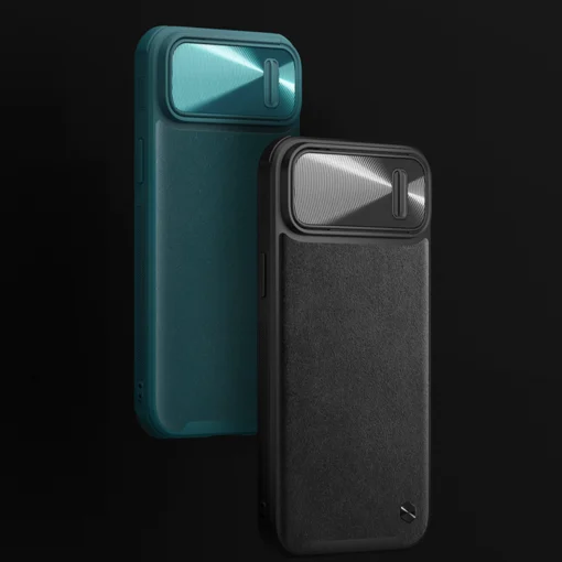 iPhone 14 umbris silikoonist ja kunstnahast tagusega Nillkin CamShield Leather S kaamerakaitsega roheline 6