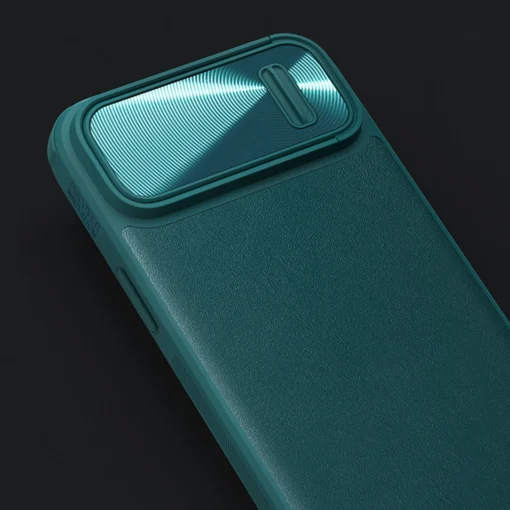 iPhone 14 umbris silikoonist ja kunstnahast tagusega Nillkin CamShield Leather S kaamerakaitsega roheline 8